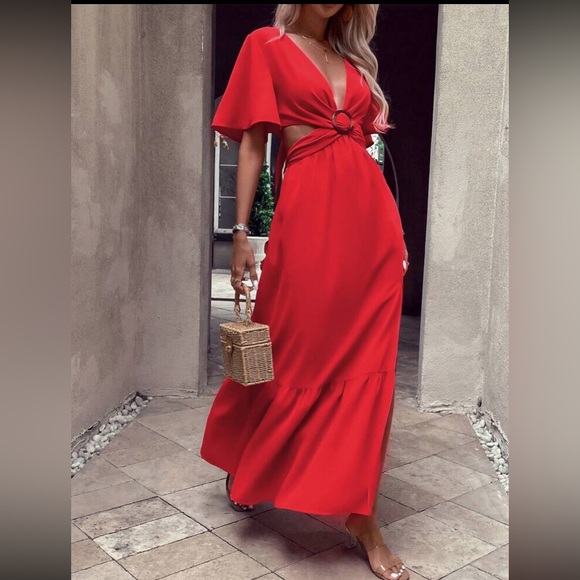 Boho cutout slit thigh batwing sleeve tie back maxi dress - Picture 12 of 16